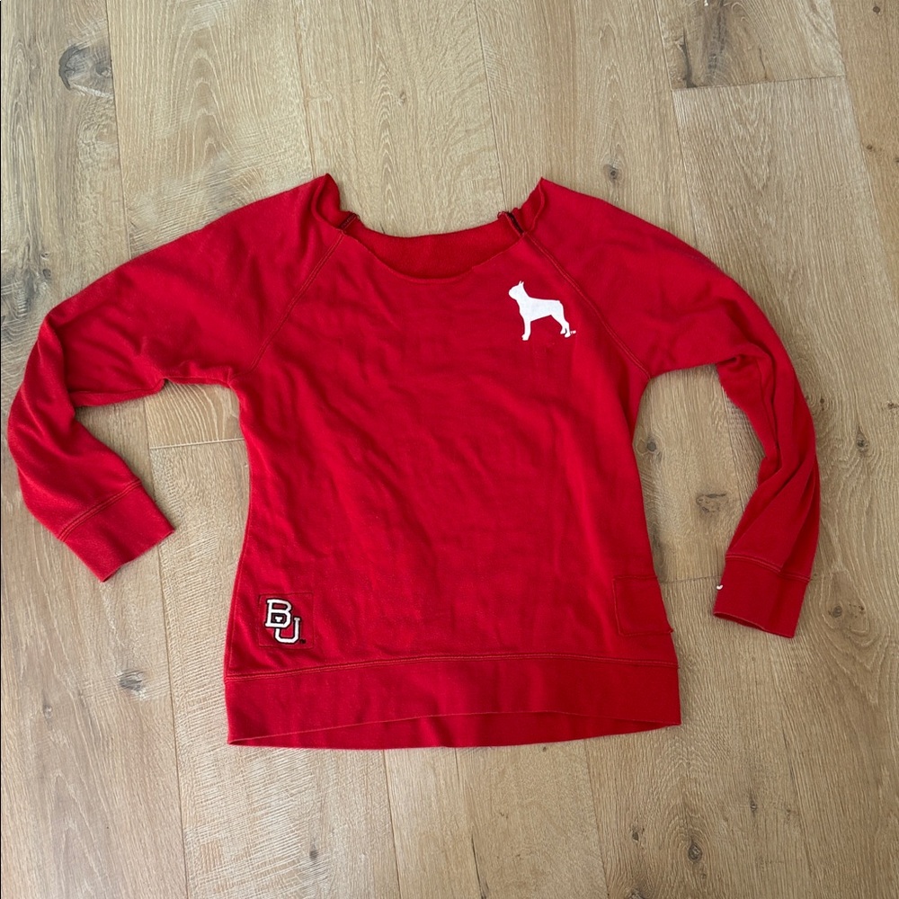 Reversible Boston University Red Sweatshirt with White Dog Logo and 'BU' Patch